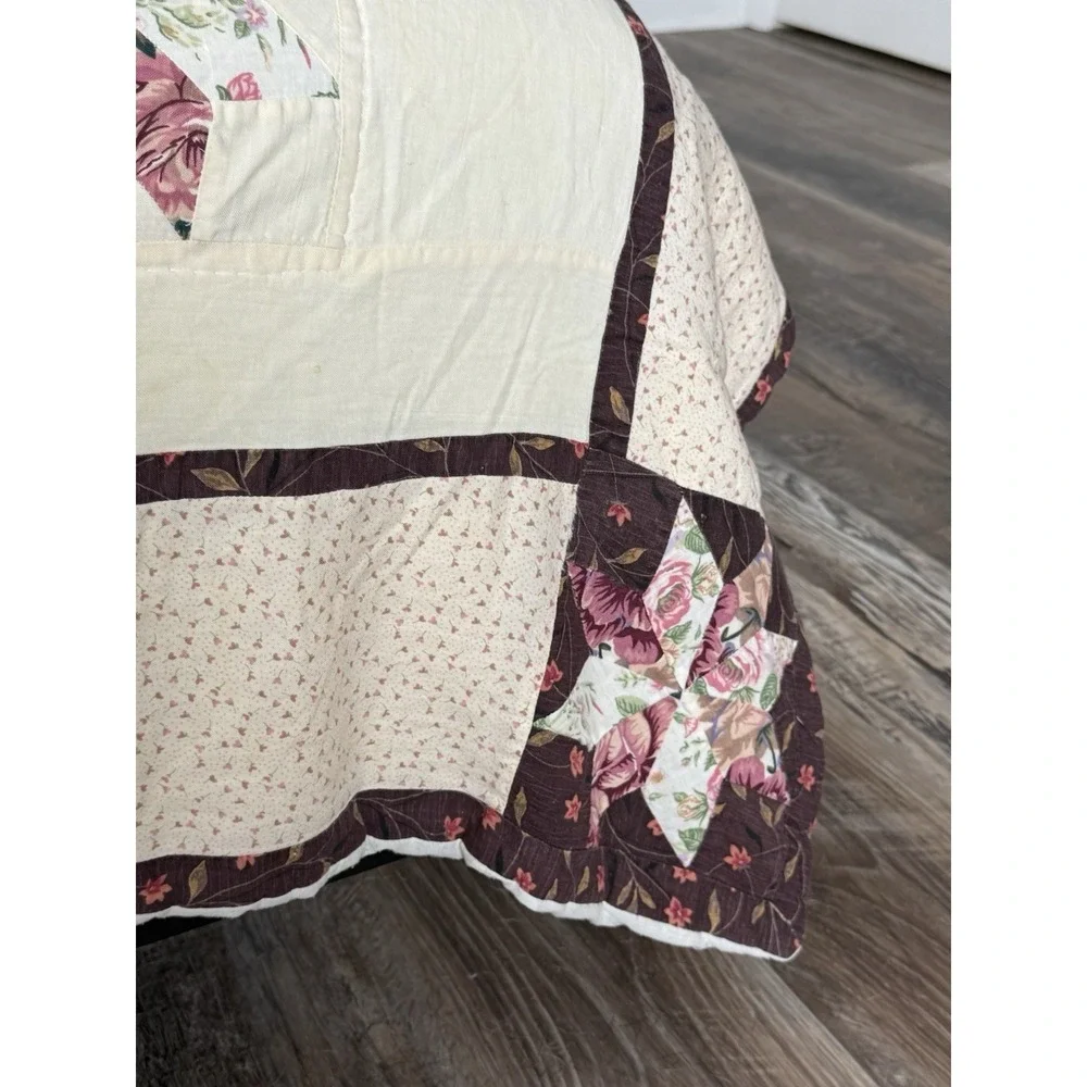 Handmade Patchwork Quilt 100x88 Burgundy Cream Floral Pinwheel Cottage Queen